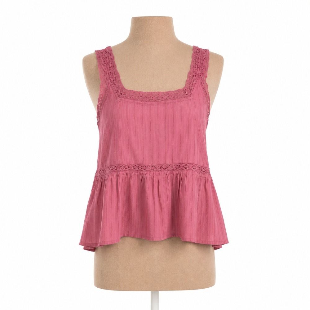 Fairy Lace Peplum Babydoll Tank Size L Pink 100% Cotton Coquette Boho Romantic